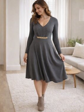 NUE by Shani Gray V Neck Fit Flare Dress Gold Waist Detail Size 6 NWT